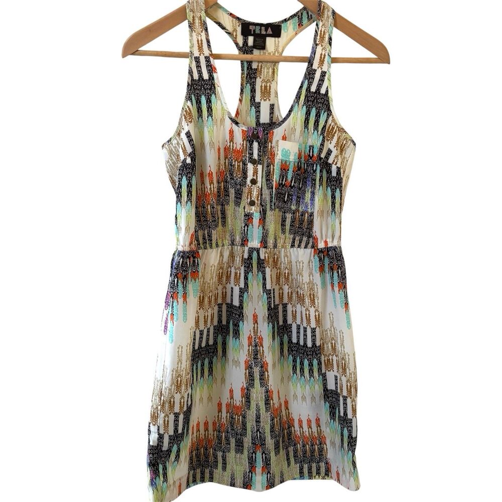 Abstract Racerback‎ Dress Geometric Scoop Neck Multicolor Size XS Bohemian Art
